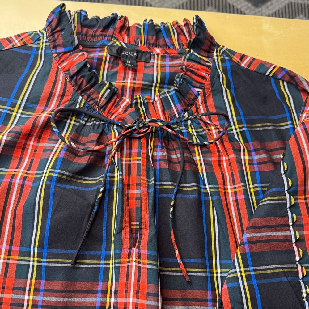 J. Crew Multicolor Tartan Plaid Scallop Neckline Holiday Top